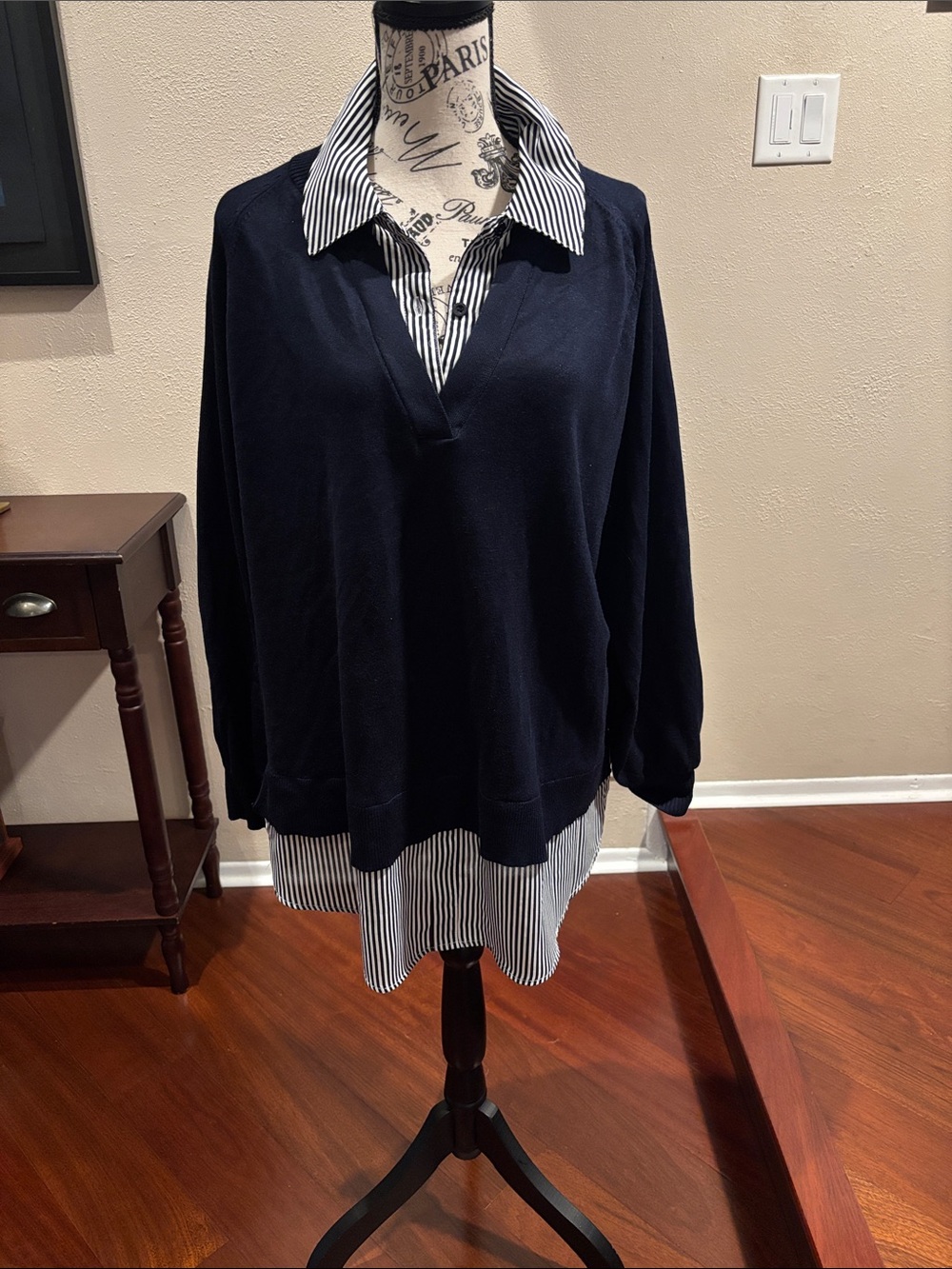 Navy Knit Pullover with Striped Shirt Layering